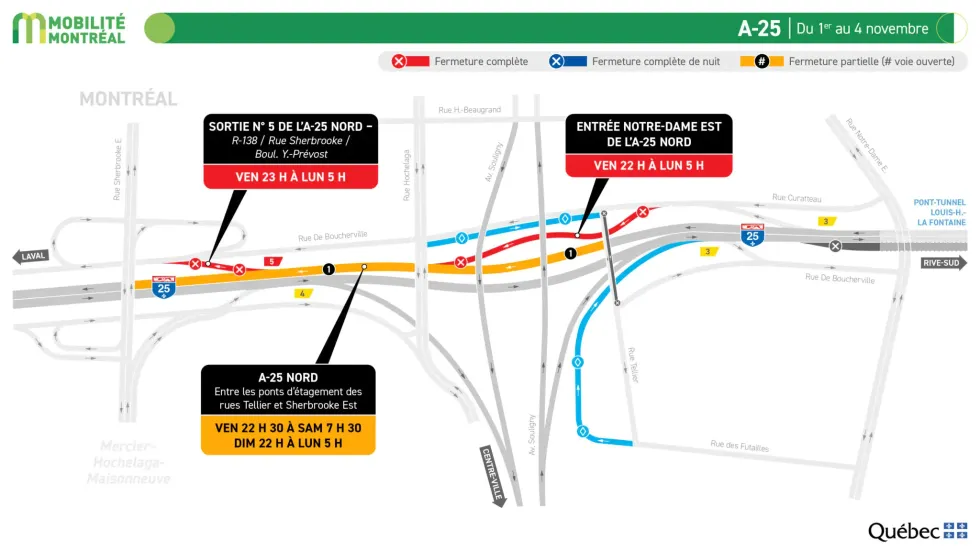Carte illustrant les fermetures sur l'autoroute 25 et le tunnel Ville-Marie ce week-end.