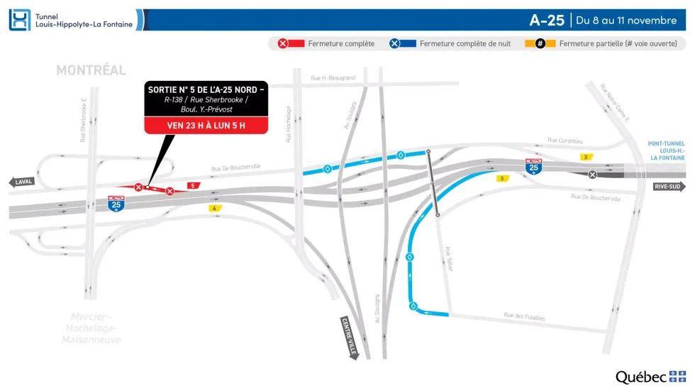 Carte illustrant une fermeture compl\u00e8te sur l'autoroute 25 ce week-end.