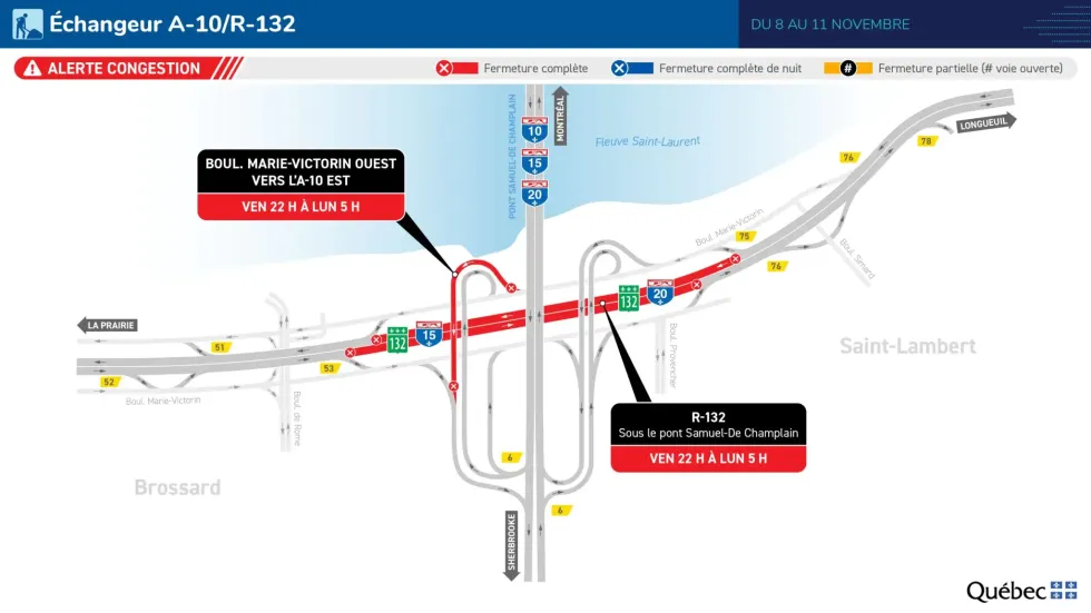 Carte illustrant une fermeture compl\u00e8te sur la route 132 menant vers le pont Champlain ce week-end.