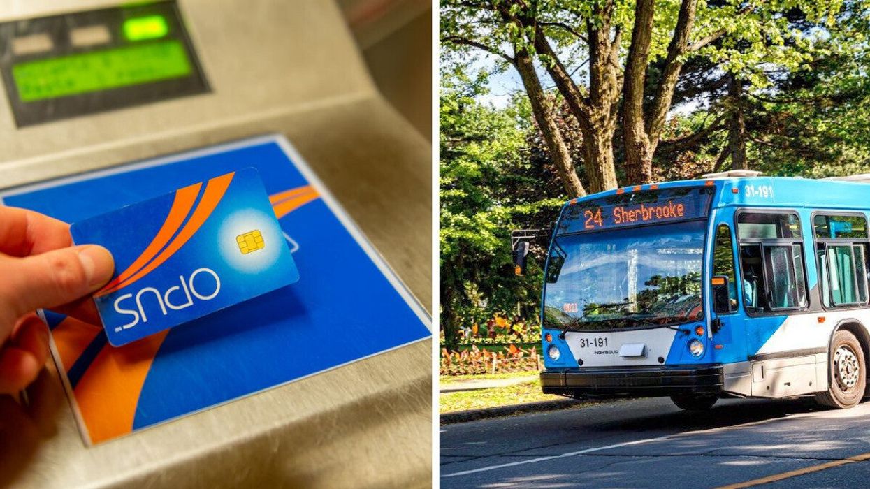 Carte OPUS. Droite : Autobus de la STM.