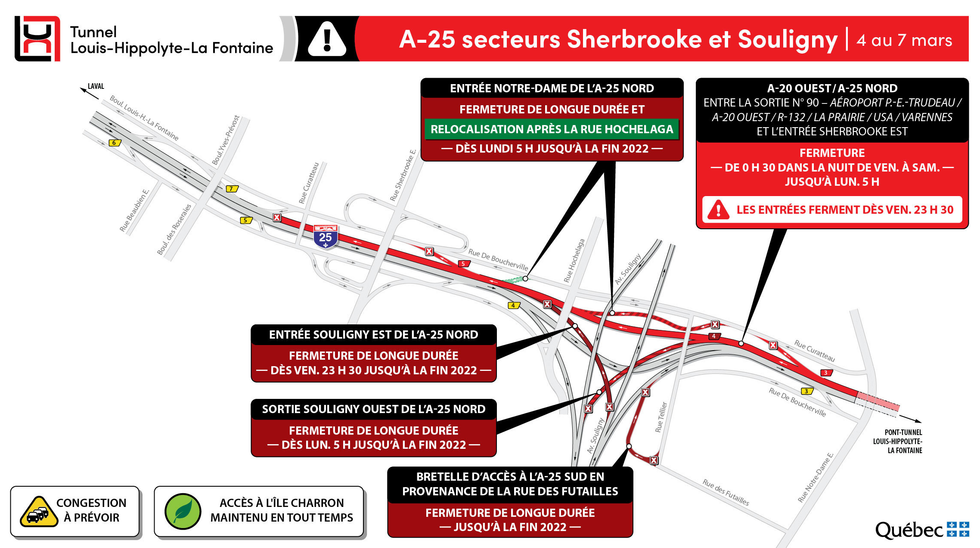 Carte routi\u00e8re des fermetures d'autoroute.