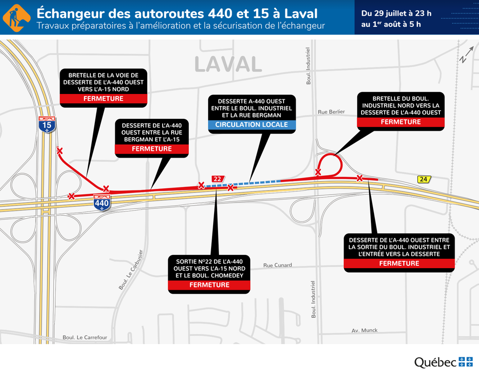 Carte routi\u00e8re montrant les fermetures de l'A-440.