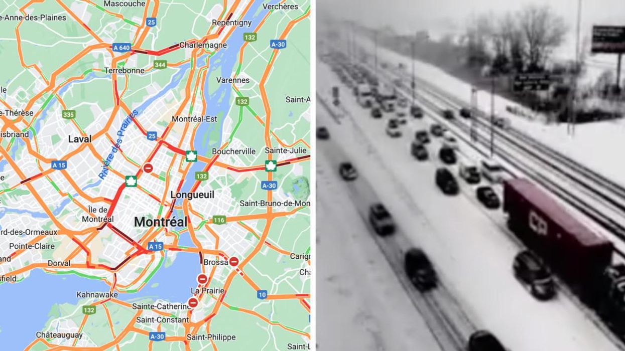 Carte routière de Montréal montrant la congestion. Droite: Image de congestion routière sur une autoroute enneigé.