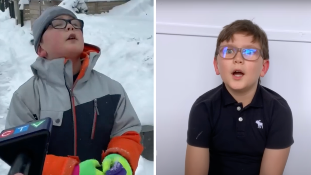 Carter Trozzolo getting interviewed for shovelling the snow, Right: Carter Trozzolo on The Kelly Clarkson Show.