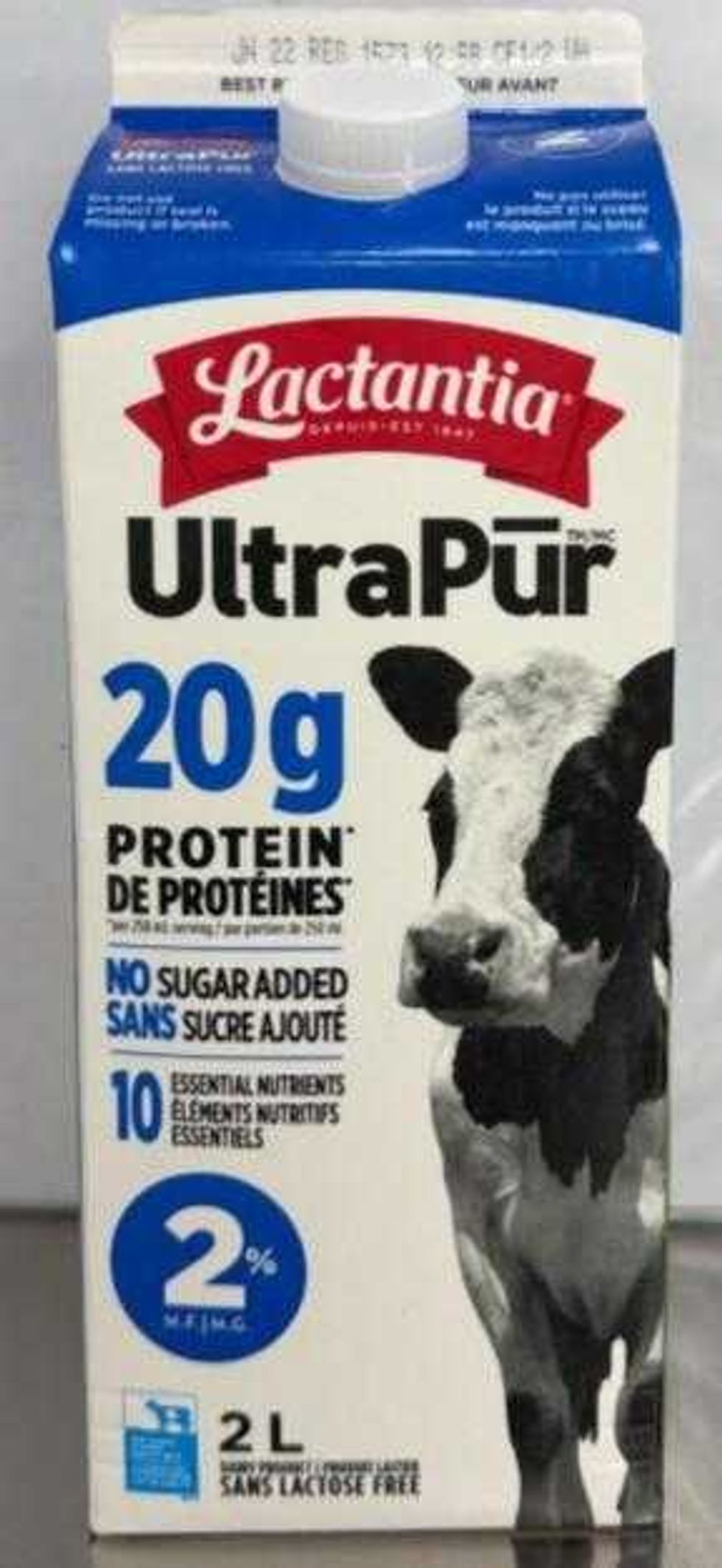 carton of recalled Lactantia brand UltraPur 2% M.F. lactose-free dairy product