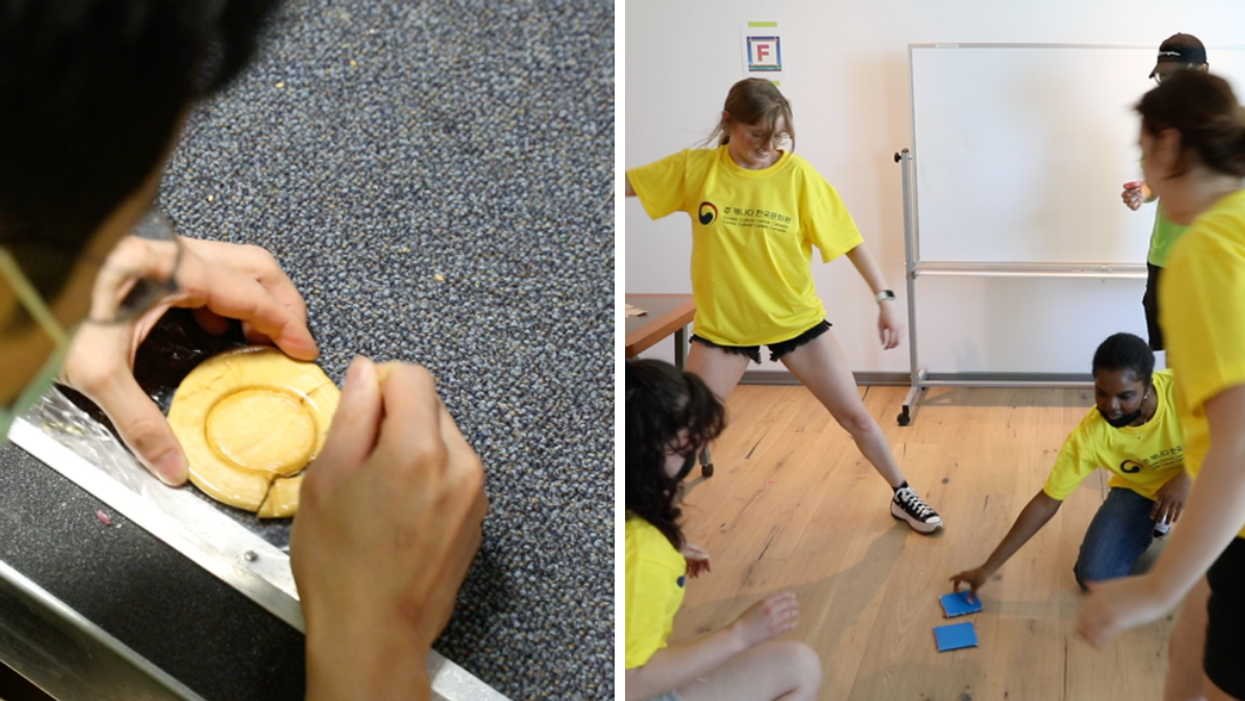 Carving out dalgona honeycomb candy. Right: Playing Korean game from 'Squid Game'.