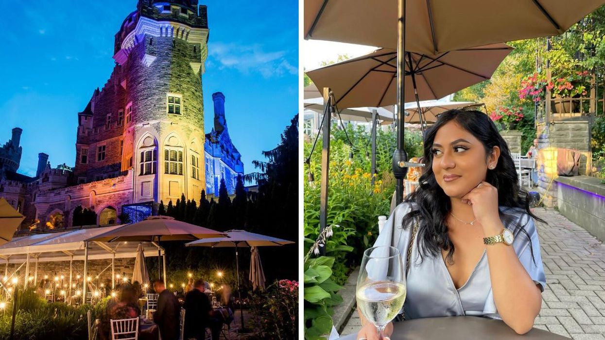 Casa Loma with outdoor patio. Right: A girl sitting on a patio with wine.