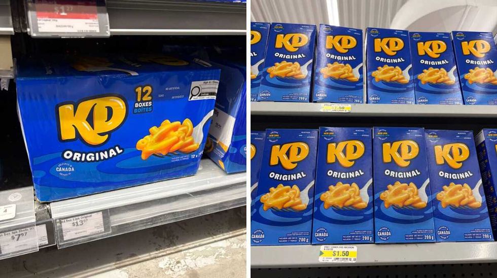 case of Kraft Dinner at Walmart. Right: boxes of Kraft Dinner at Dollarama.