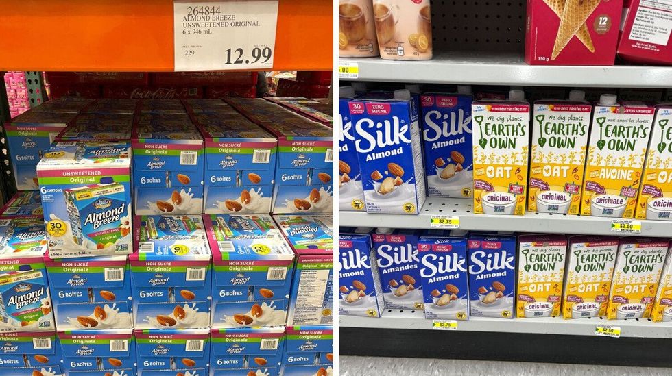 cases of almond breeze almond milk at costco. right: silk almond milk bottles on shelves at dollarama