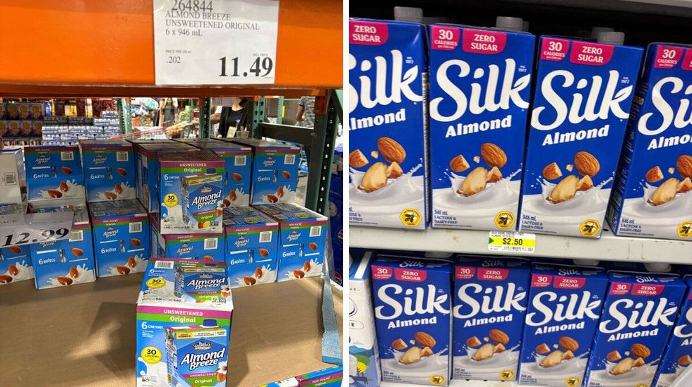 cases of almond breeze bottles at costco. right: bottles of silk almond beverage at dollarama