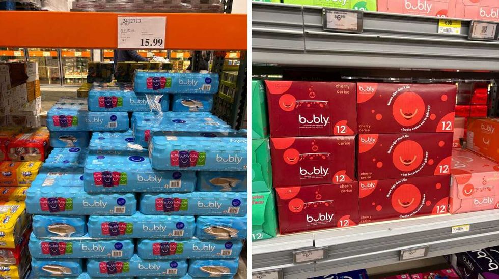 cases of Bubly at Costco. Right: cases of Bubly at Walmart.