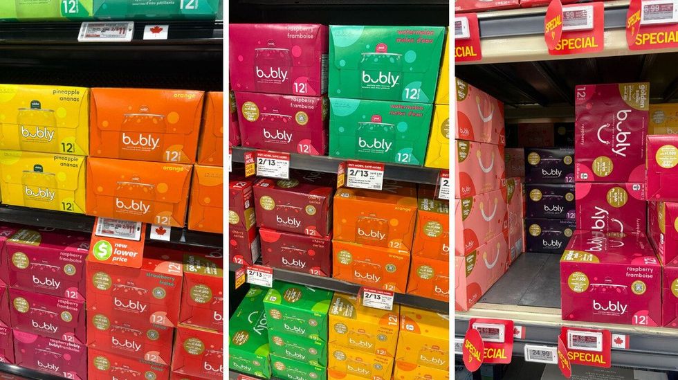 cases of bubly sparkling water at metro, longo's and fortinos