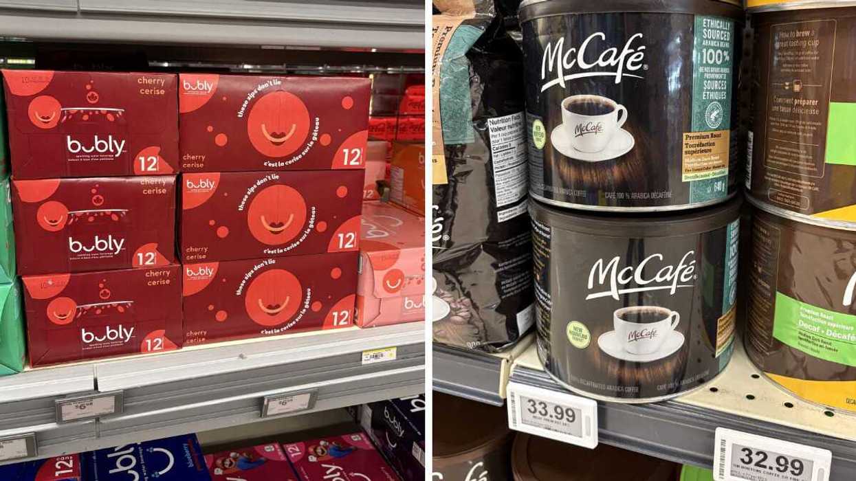 cases of bubly sparkling water on shelf at walmart. right: canisters of mccafe ground coffe on shelf at loblaws