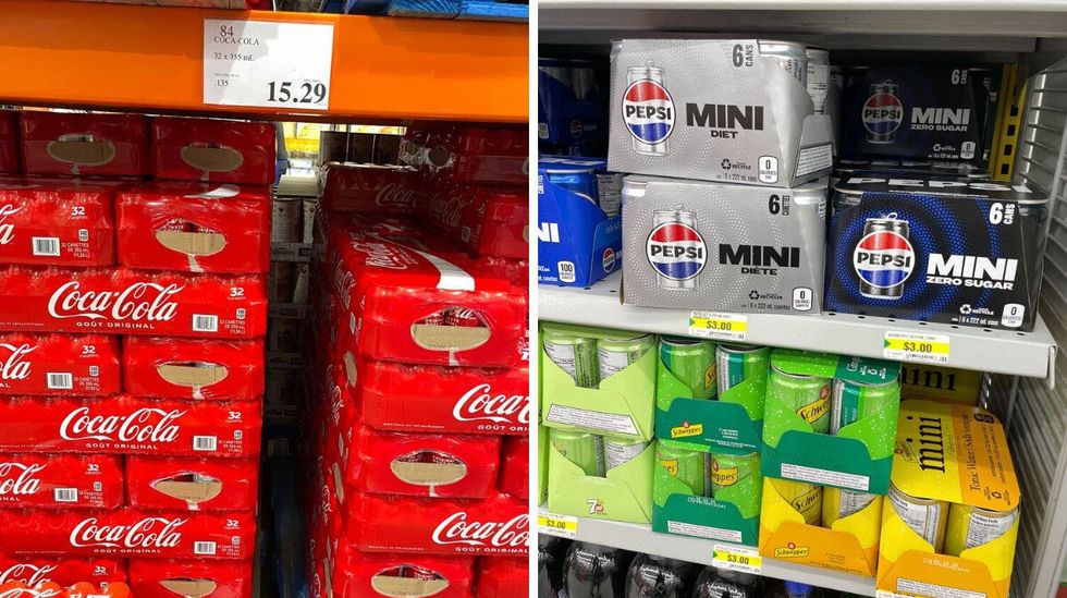 cases of coca cola at costco. right: cases of pepsi and schewpps on shelves at dollarama