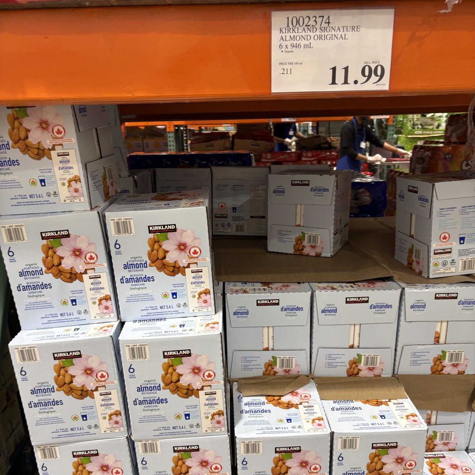 cases of Kirkland Signature almond beverage at costco