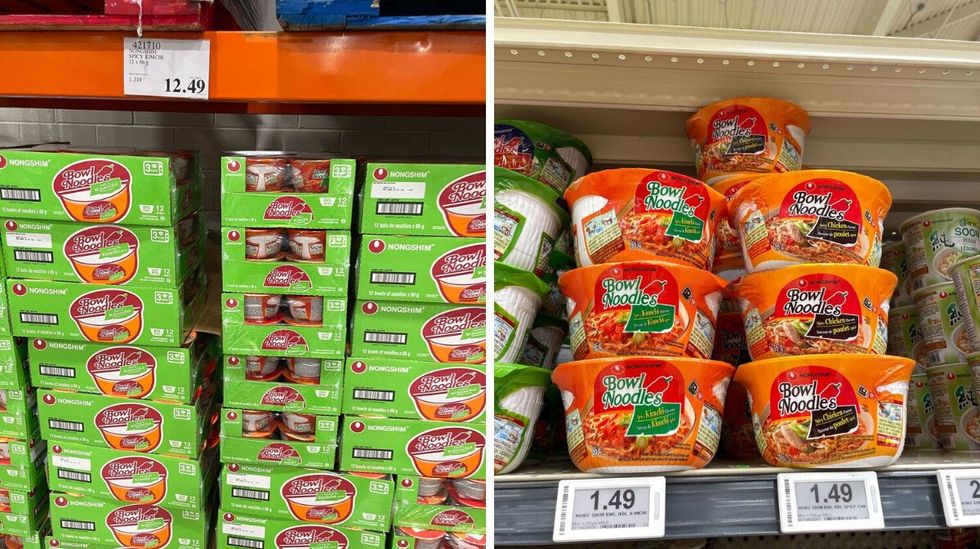 cases of nongshim kimchi instant noodles at costco. right: bowls of nongshim kimchi instant noodles at loblaws