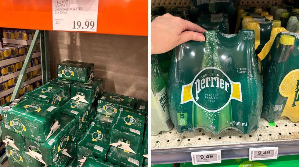 cases of perrier at costco. right: bottles of perrier on shelf at loblaws