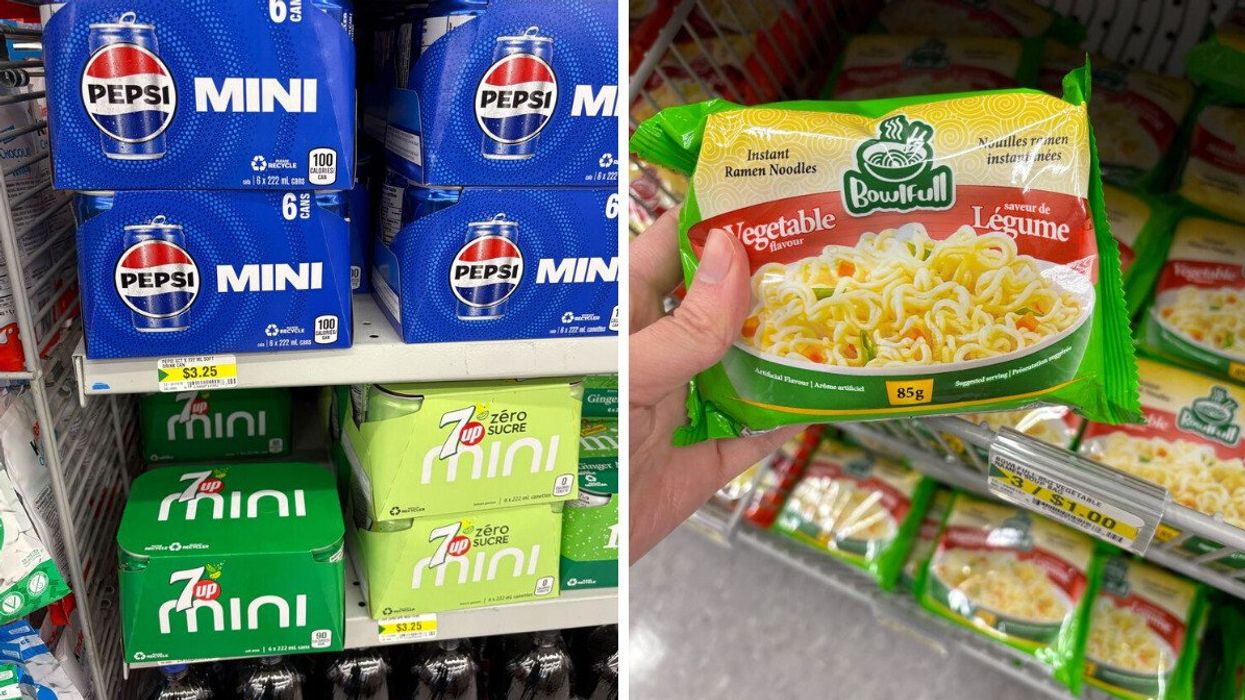 cases of pop on shelves at dollarama. right: person holding bag of instant noodles at dollarama
