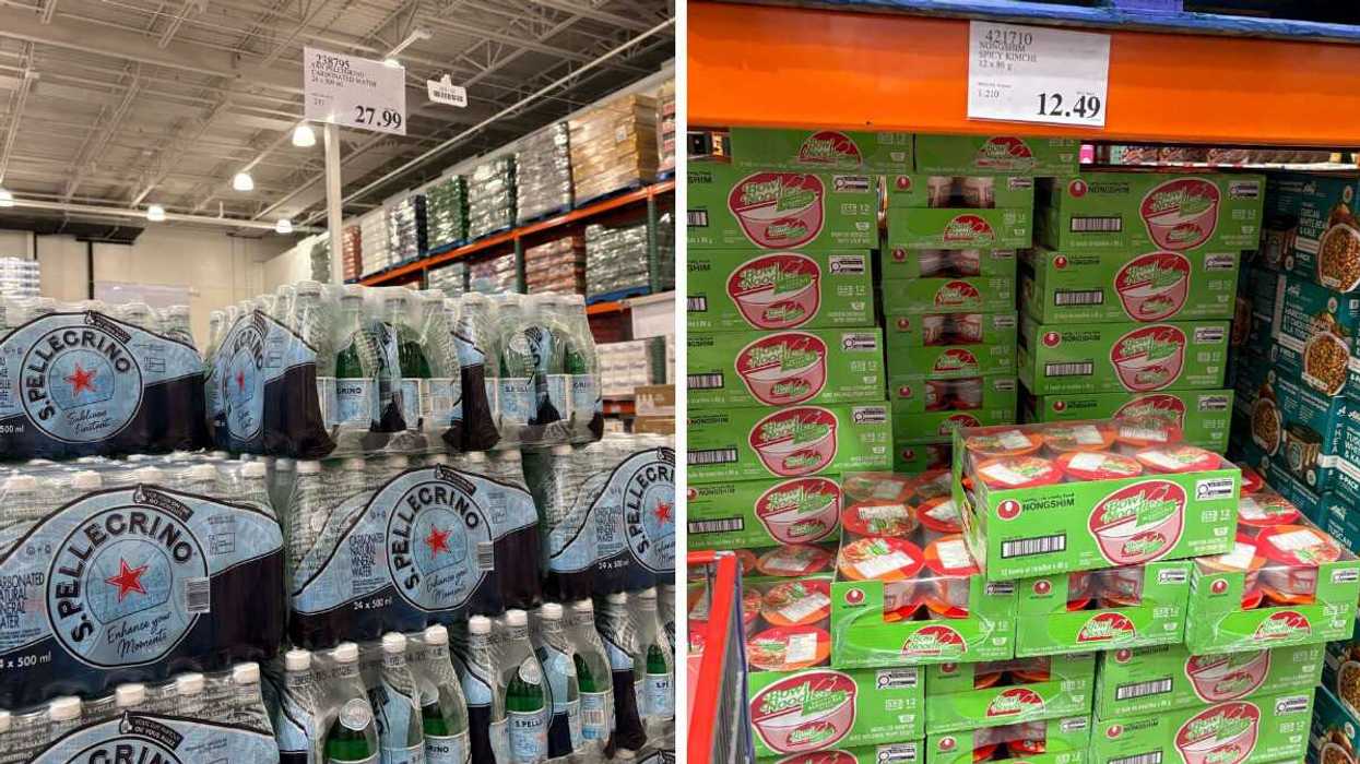 cases of san pellegrino carbonated water at costco. right: packs of bowl noodles instant noodles at costco