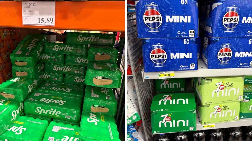 cases of sprite at costco. right: pepsi and 7 up cases at dollarama