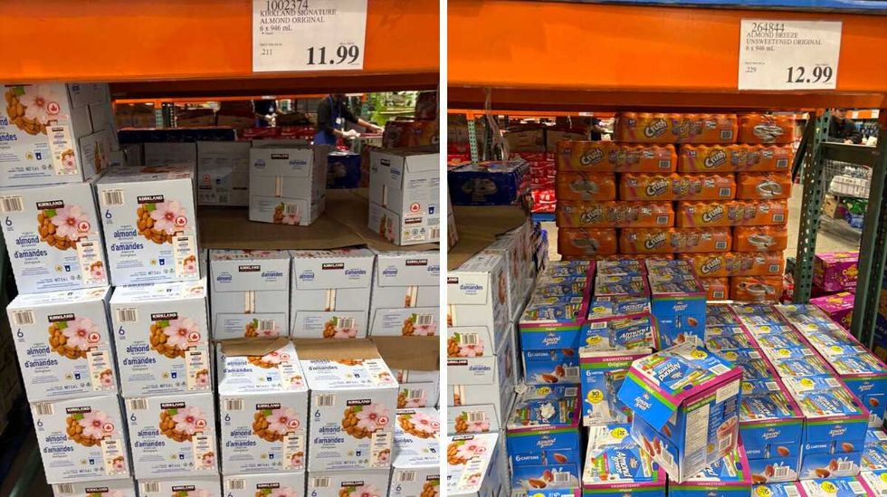 cases of \u200bKirkland Signature almond beverage. Right: cases of Almond Breeze almond beverage at Costco.