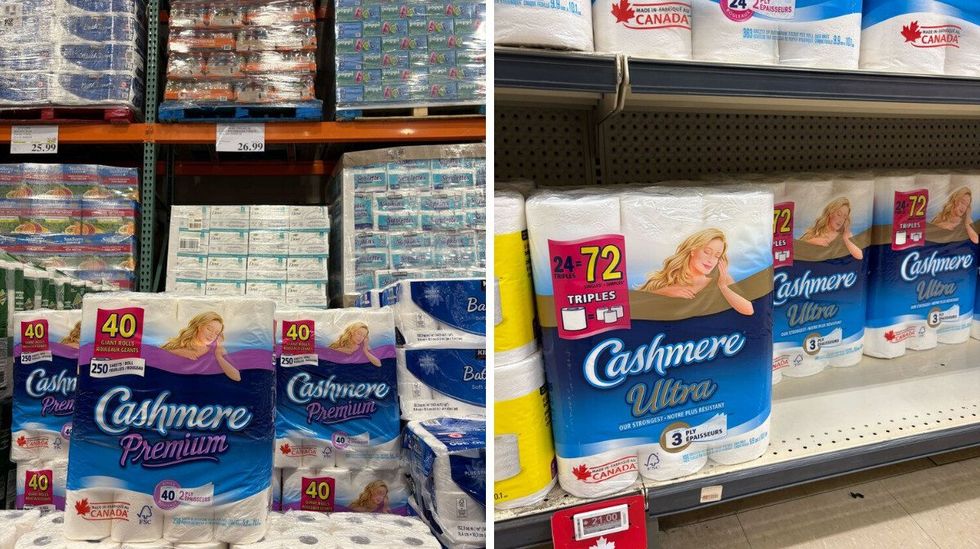 cashmere toilet paper at costco. right: cashmere toilet paper on shelf at loblaws