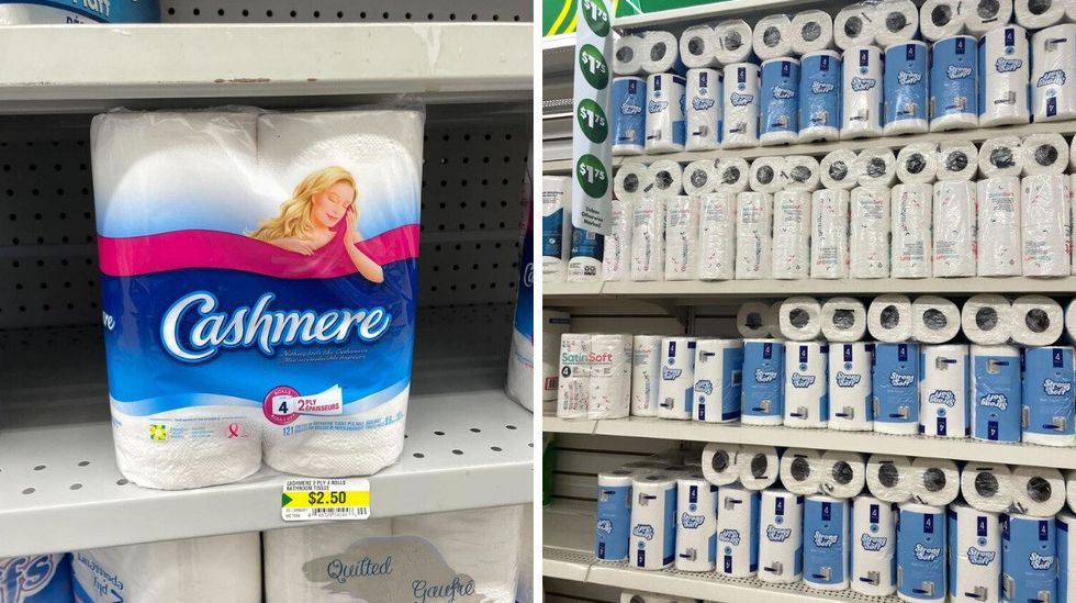 cashmere toilet paper on a shelf at dollarama. right: toilet paper rolls on shelves at dollar tree