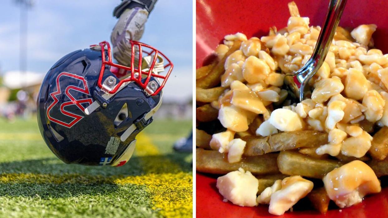 Casque des Alouettes de Montréal. Droite : poutine.