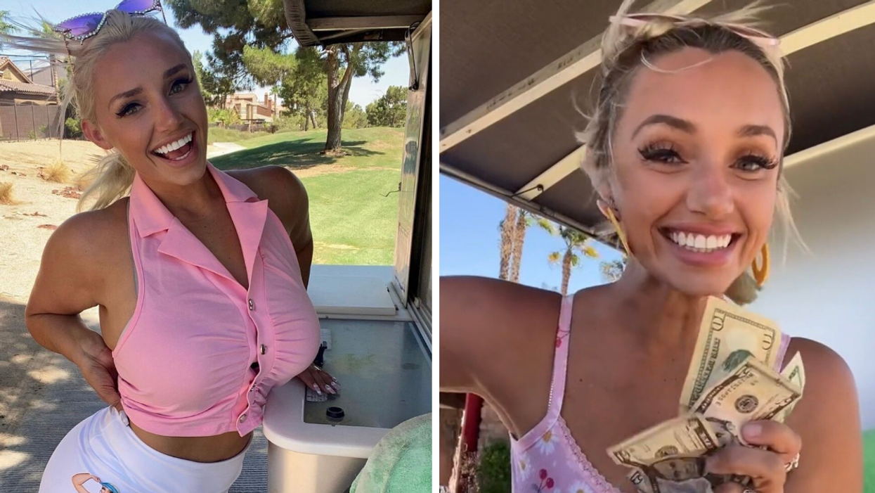 Cass Holland in a pink top next to a golf cart. Right: Holland holding cash.