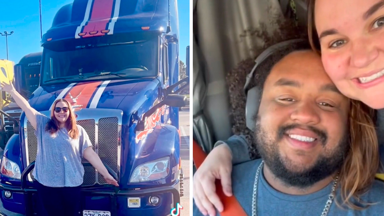 Cassie in front of their truck. Right: Cassie and Joe inside their truck.