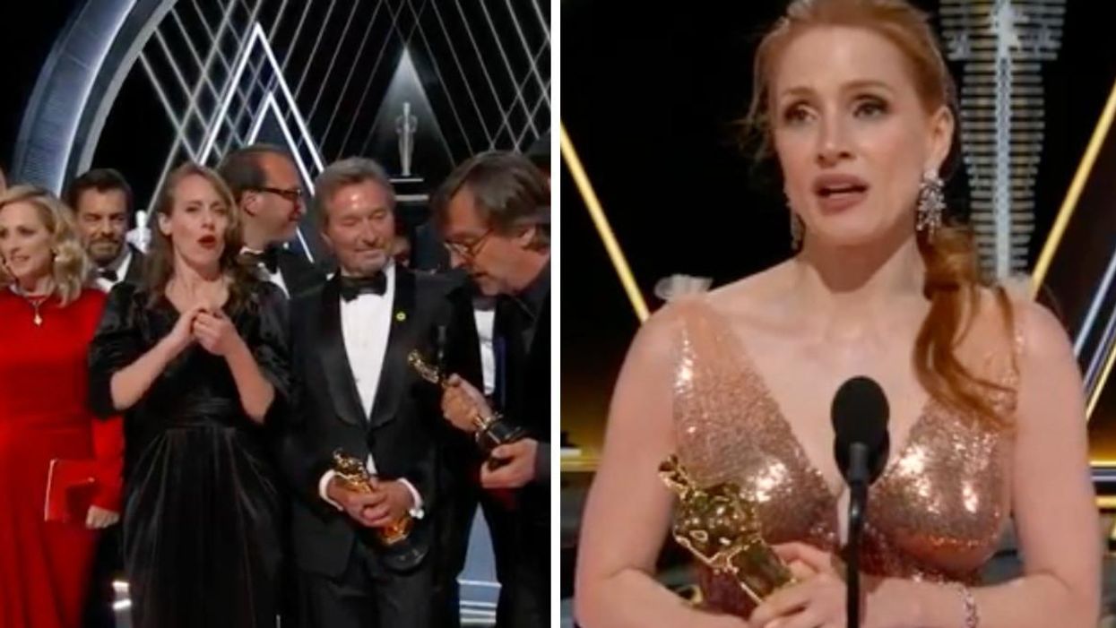Cast and crew from CODA. Right: Jessica Chastain.