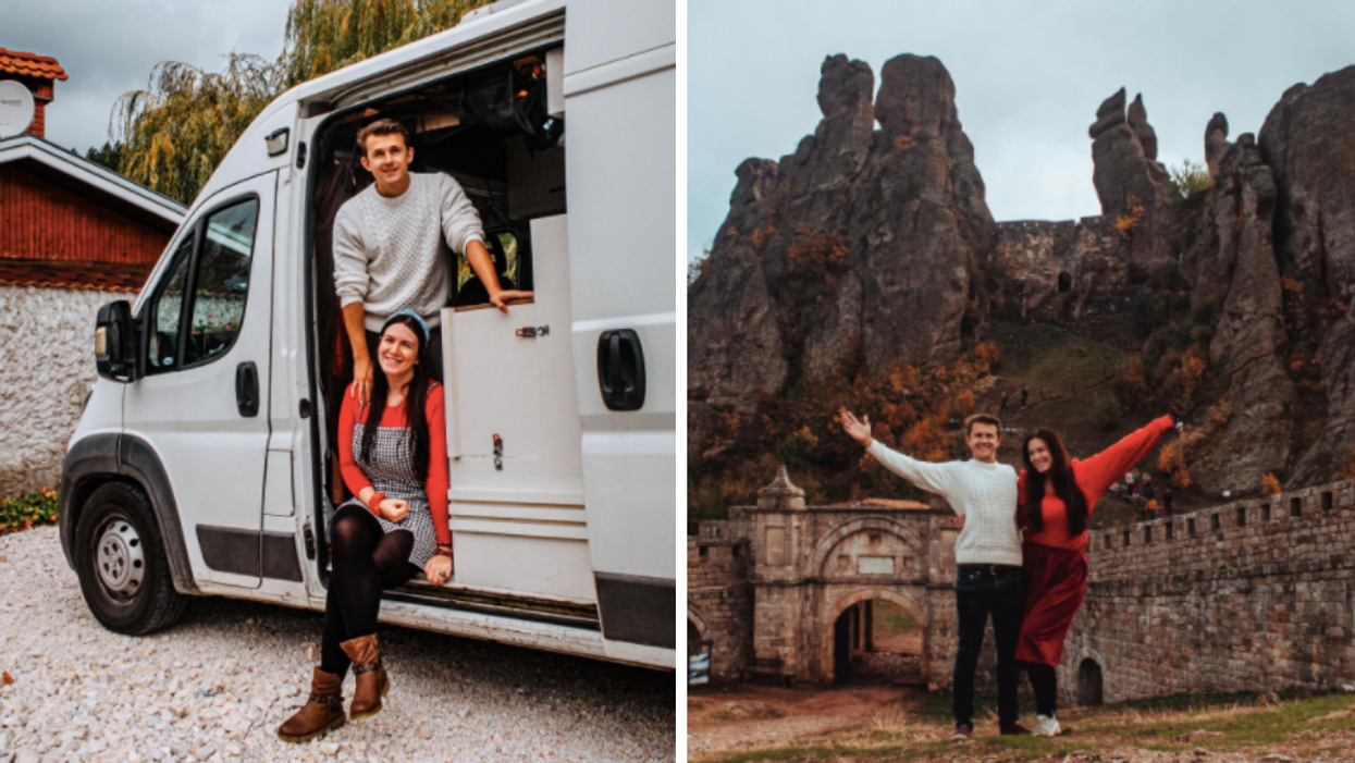 Cazzy Magennis and Bradley Williams by their van. Right: Cazzy Magennis and Bradley Williams posing in front of ruins.