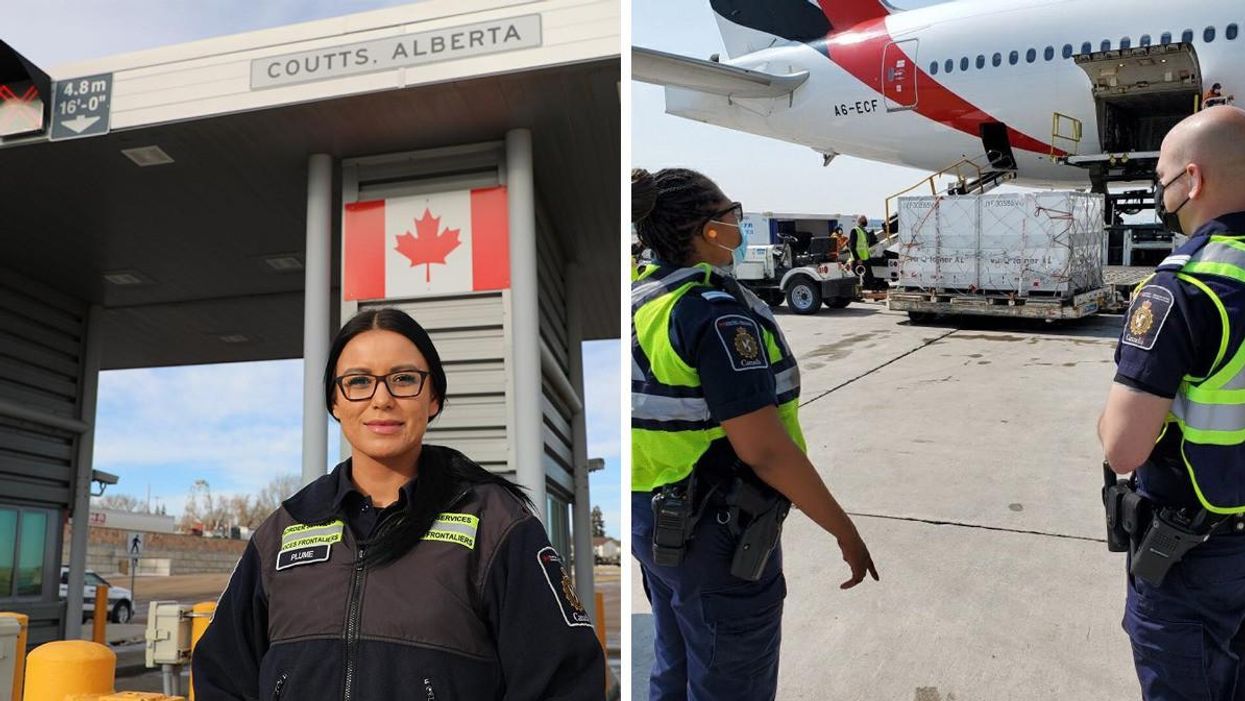 CBSA Border Services Officer at a border crossing in Coutts, Alberta. Right: CBSA officers at Toronto Pearson International Airport.