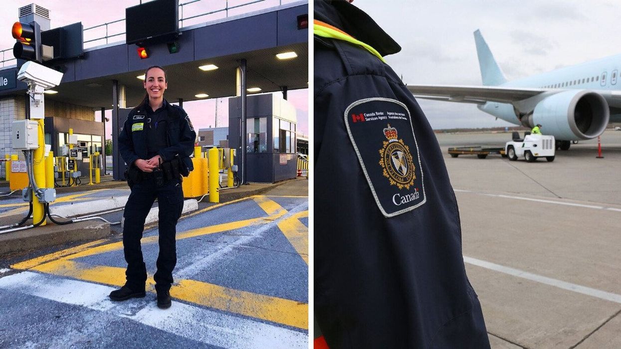 cbsa border services officer standing at a land border grossing. right: cbsa worker on an airport tarmac in front of an airplane
