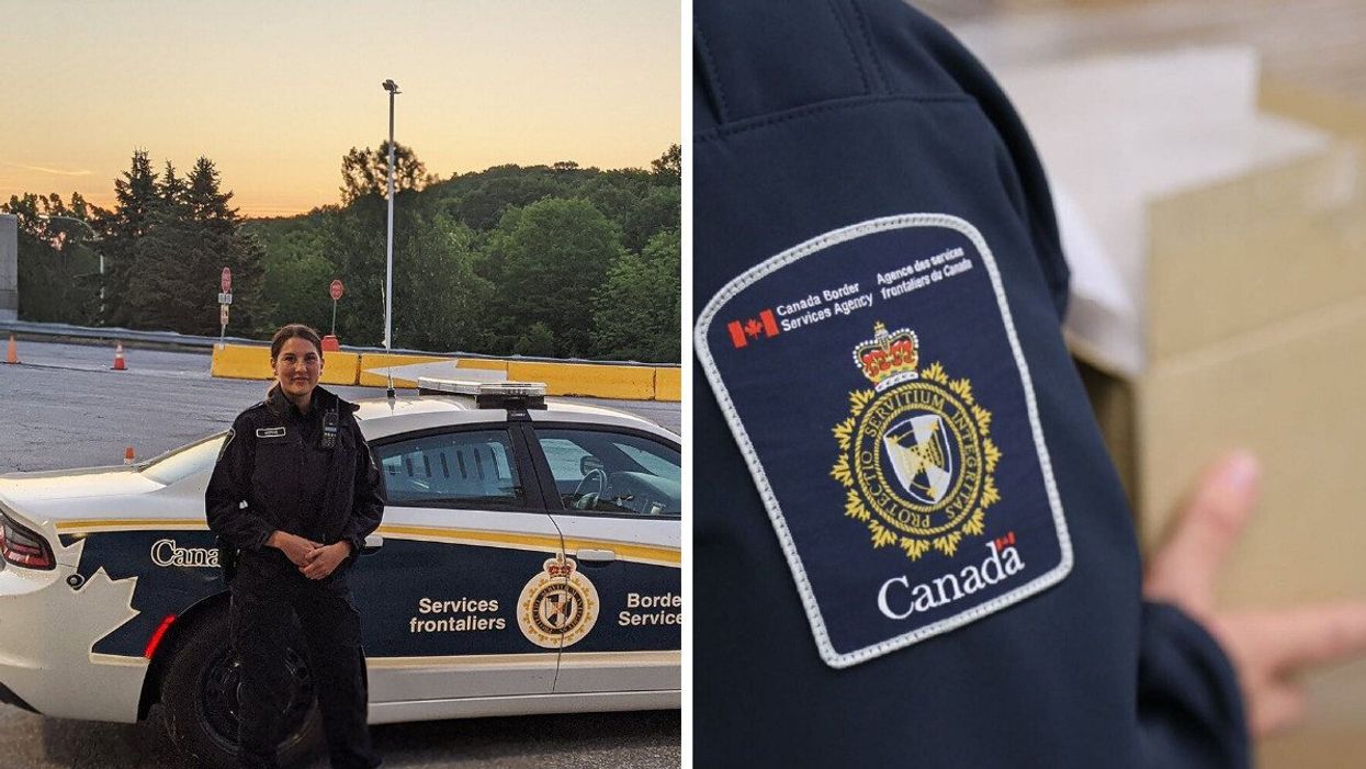 CBSA Border Services Officer standing in front of a car at a border crossing. Right: CBSA patch on an officer's uniform.