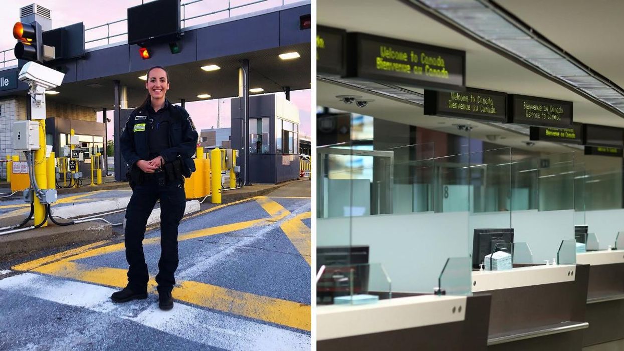 CBSA employee at a border crossing. Right: CBSA welcome counters.