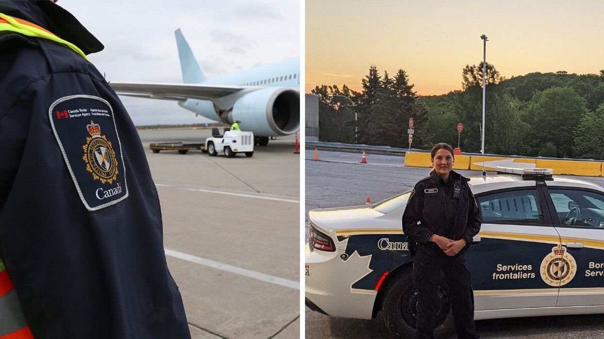 cbsa employee standing on airport tarmac in front of a plane. right: border services officer standing next to a cbsa vehicle
