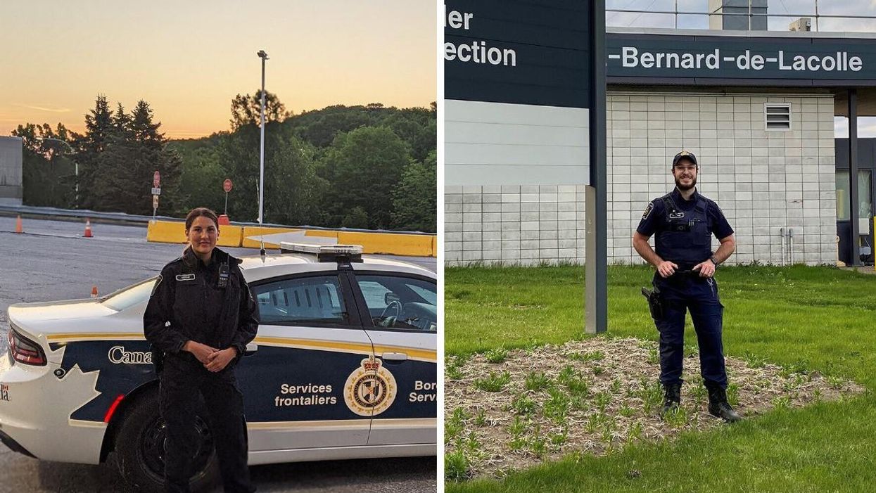 CBSA officer in front of a CBSA car. Right: CBSA officer at a Canada-U.S. border crossing.