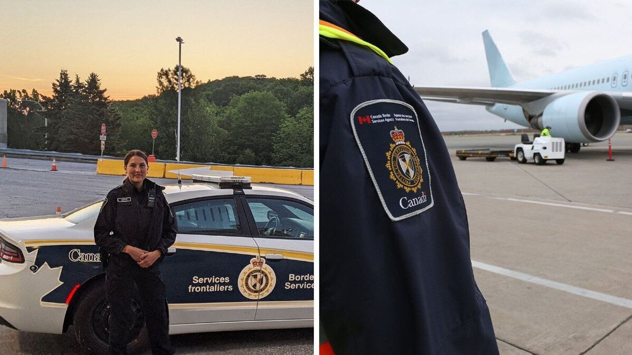 cbsa officer with a car at a border crossing in canada. right: cbsa worker on an airport tarmac in front of a plane