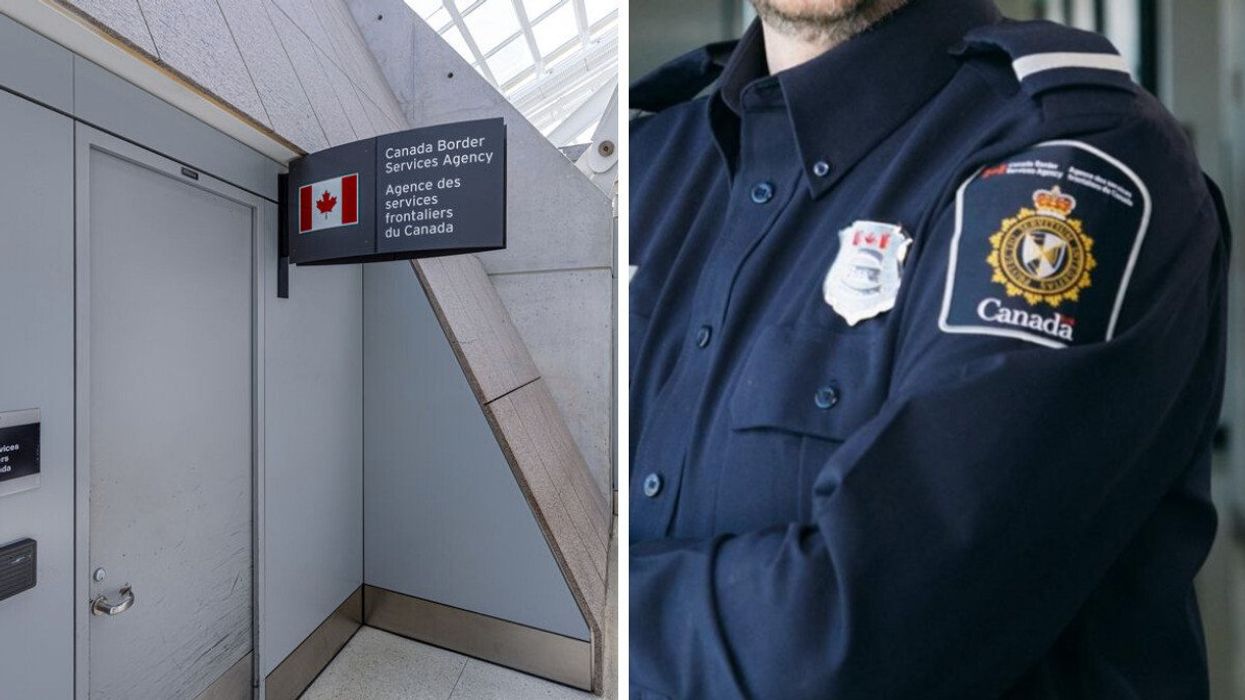 CBSA sign in an airport. Right: Person wearing a CBSA uniform.