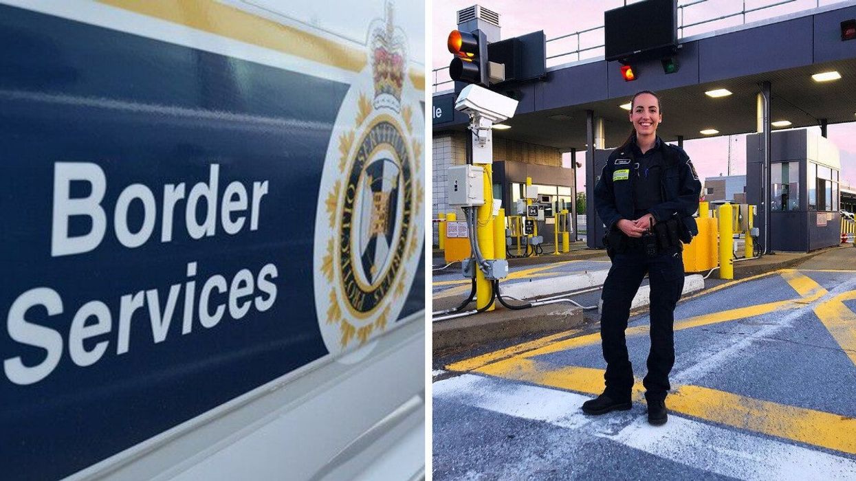 cbsa vehicle. right: border services officer at border crossing