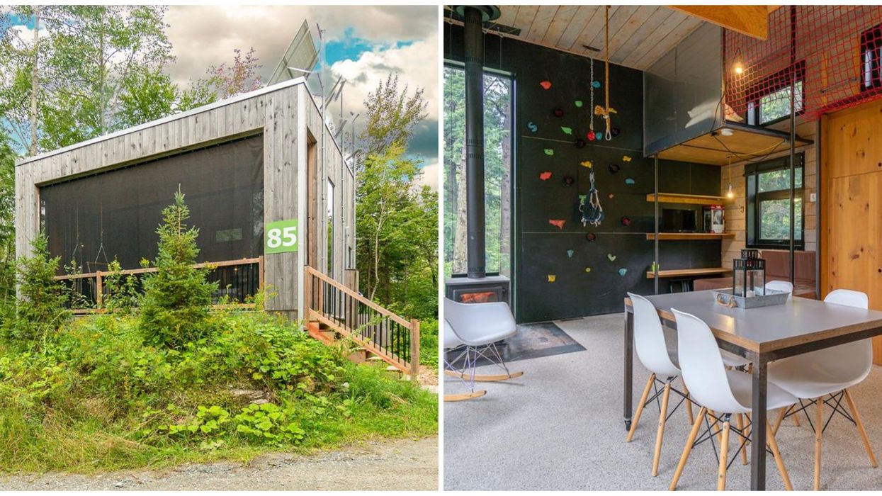 Ce chalet de type « tiny house » à vendre en Estrie a son propre mur d'escalade intérieur