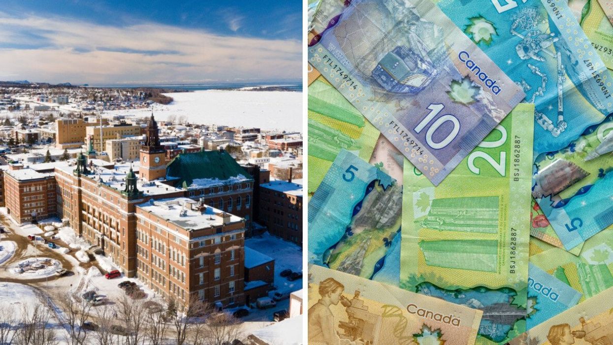 Cégep de Rimouski en hiver. Droite : Argent canadien.