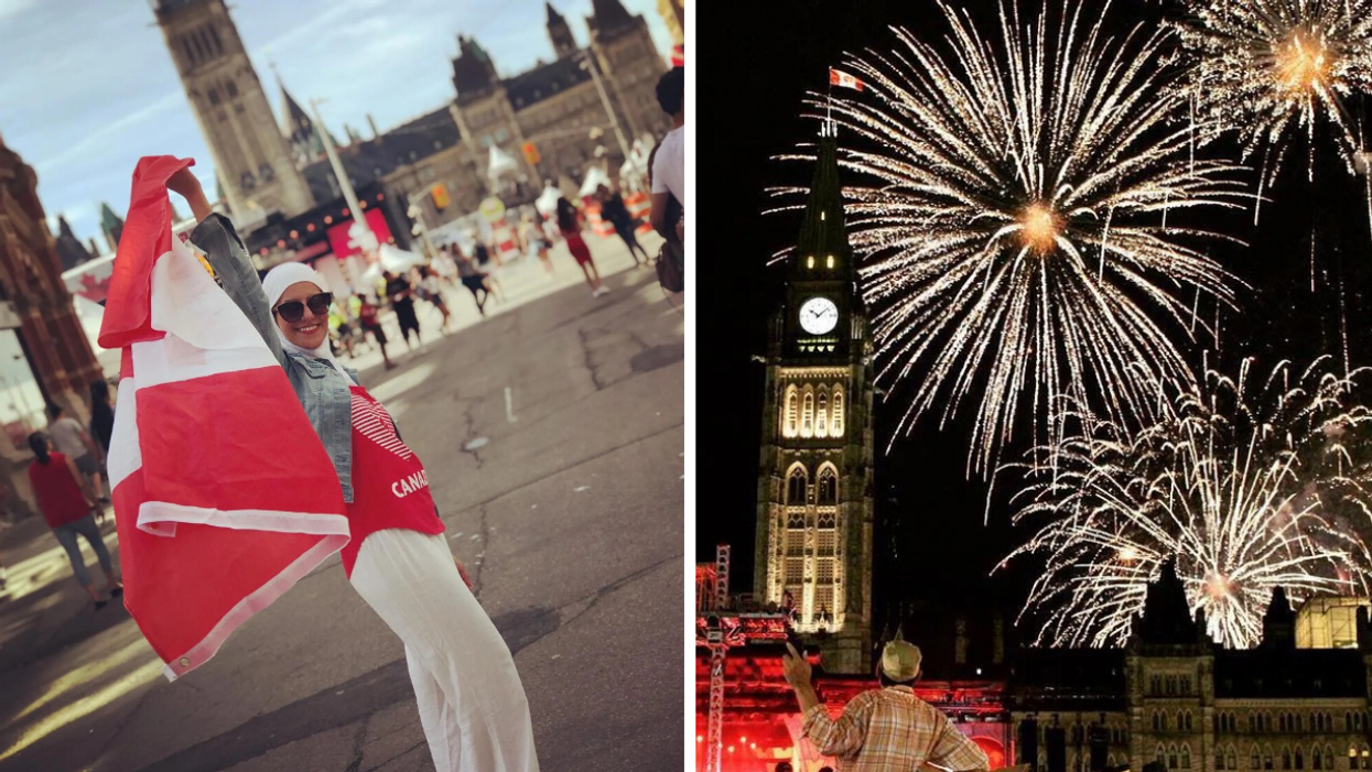 Celebrating Canada Day in Ottawa. Right: Fireworks downtown Ottawa on July 1.