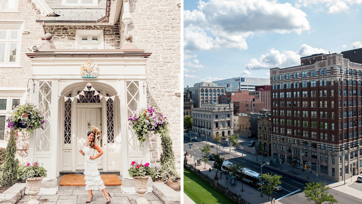 Celebration at Earnscliffe National Historic Site. Right: View of buildings in downtown Ottawa.