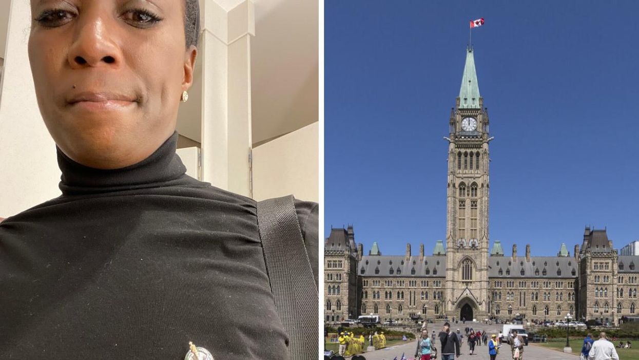Celina Caesar-Chavannes wearing a black shirt and a lapel pin. Right: Parliament Hill