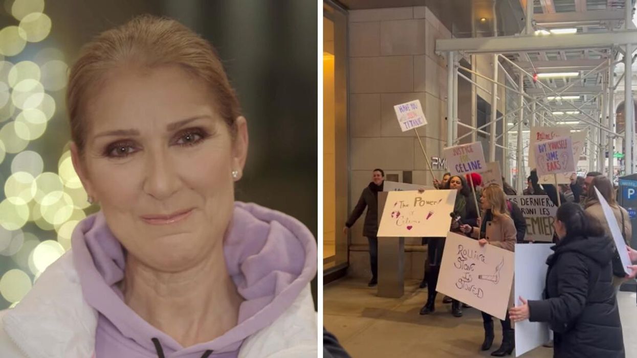 Céline Dion. Droite : Des fans de Céline Dion devant les bureaux du Rolling Stone à New York.