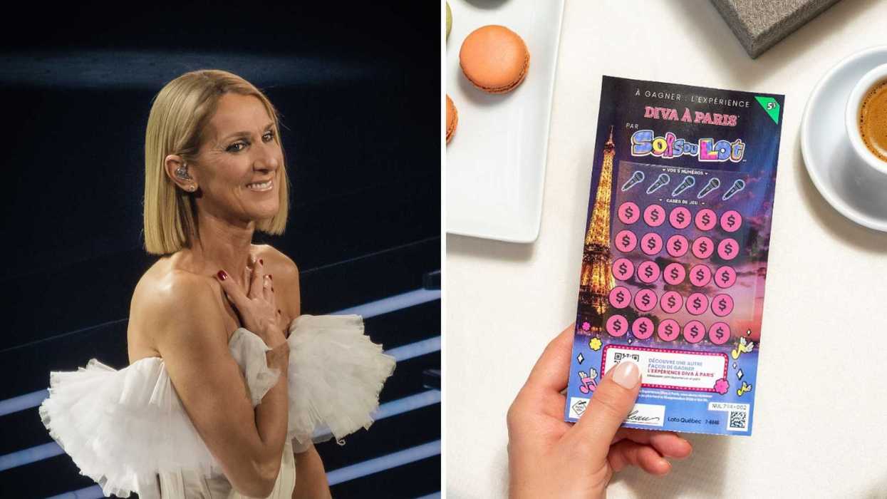 Céline Dion. Droite : le billet à gratter de Loto-Québec « Diva à Paris ».