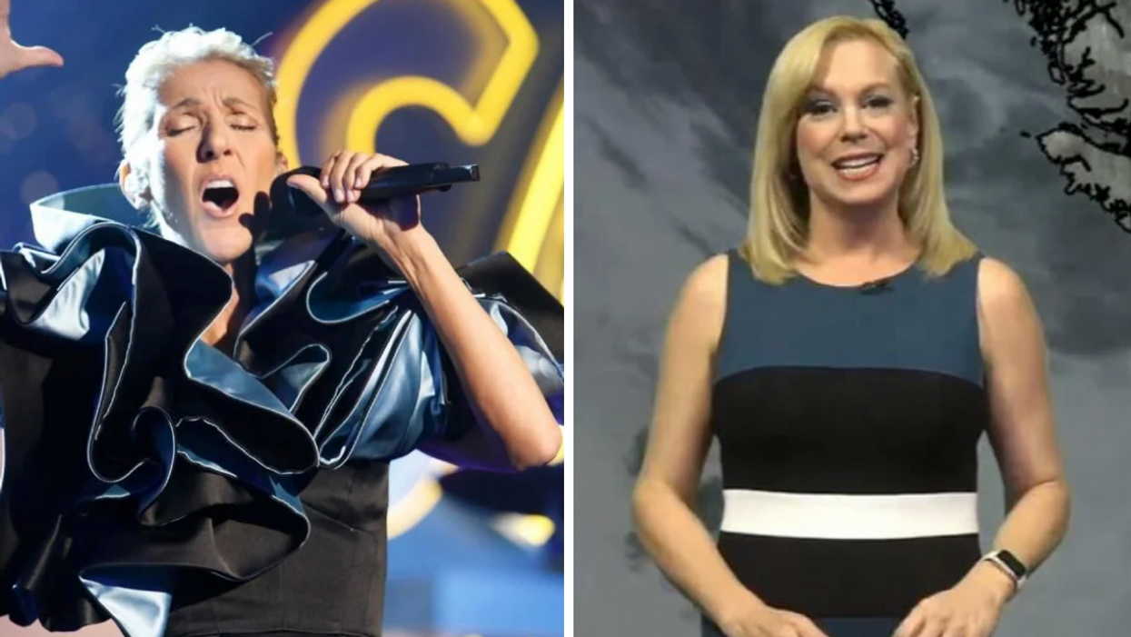 Céline Dion performing on stage in a black dress. Right: CHEK News personality Tess van Straaten.