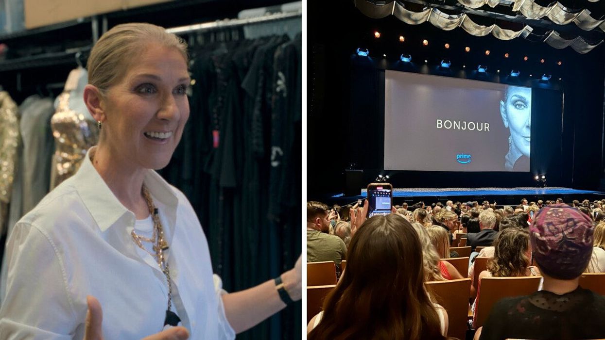 Céline Dion s'exclame devant la caméra. Droite : Projection de la première du film Je suis : Céline Dion à Montréal.
